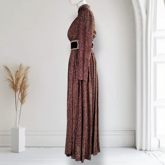 Vintage 70s Lurex Velvet Formal Dress Mock Neck Metallic Boho Holiday 0 - Picture 4 of 16
